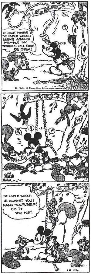 A comic strip with Mickey Mouse being encouraged  by a group of squirrels to hang himself.